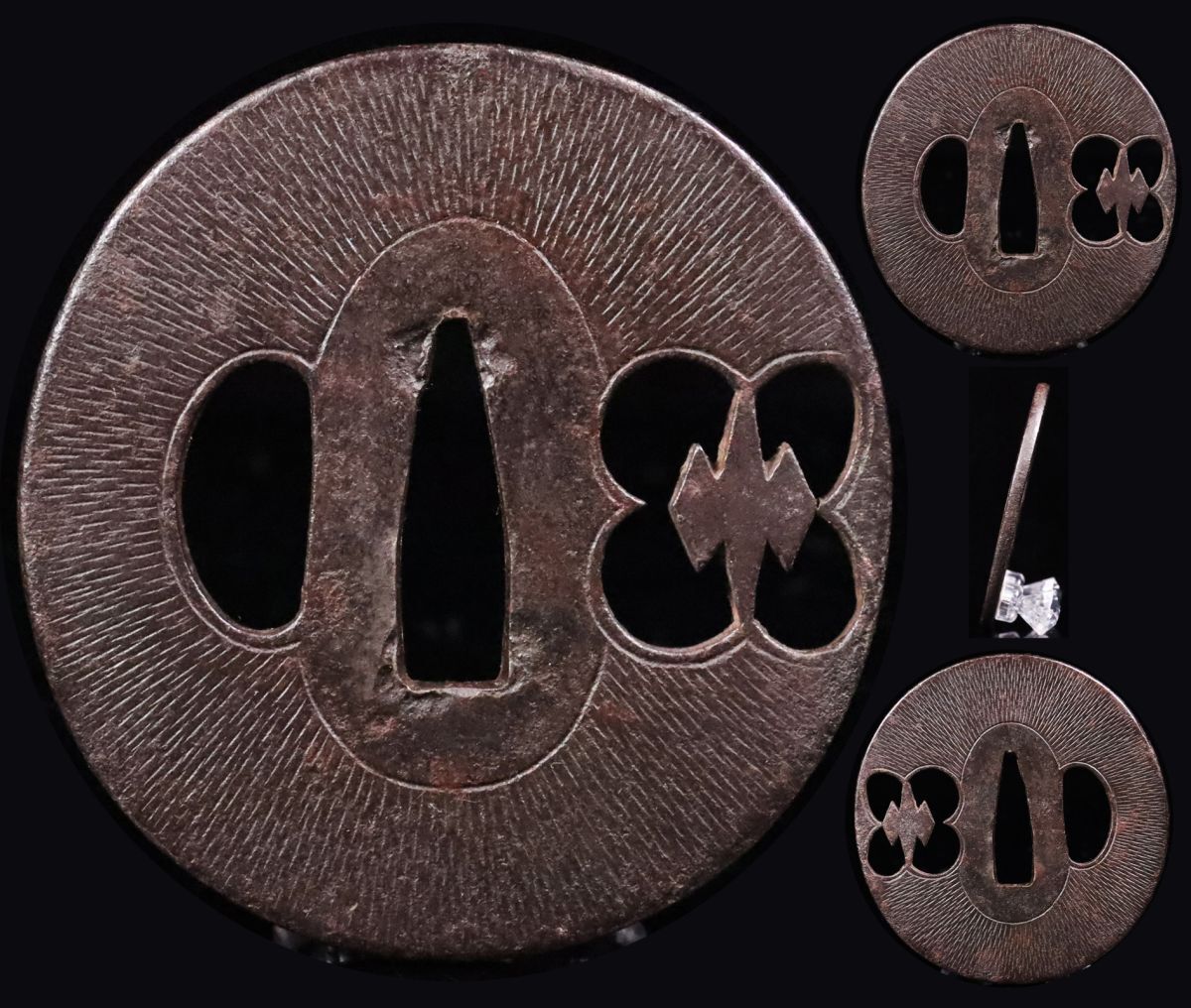 大刀大根透鍔 江戸 鉄、透かし、毛彫 8×8×0.4cm 150g