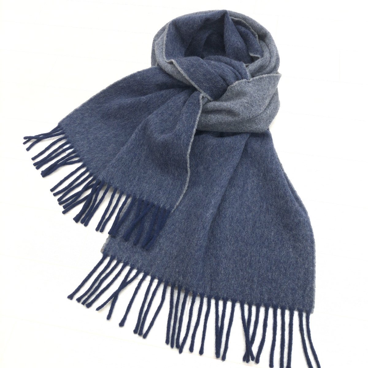 DRAKE'S ウール マフラー グレー ネイビー ストライプ DRAKE'S ウール マフラー グレー ネイビー ストライプ 良品 Drake's