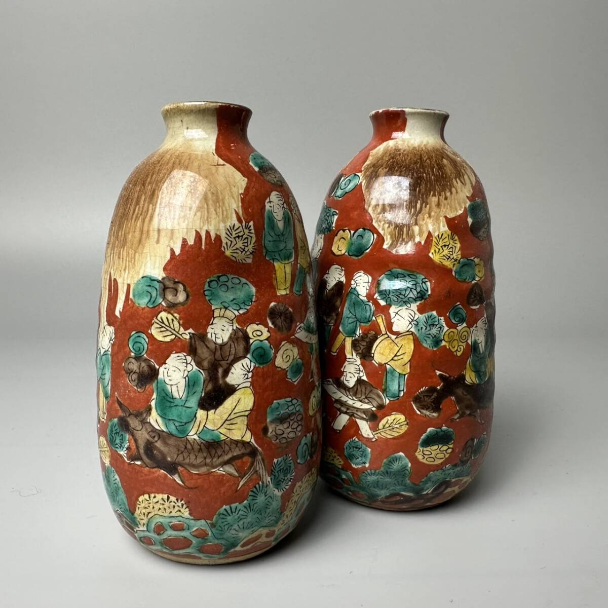 コレクター買取品 古九谷 青木木米 色絵群老文 徳利 一対 酒器 在銘 共