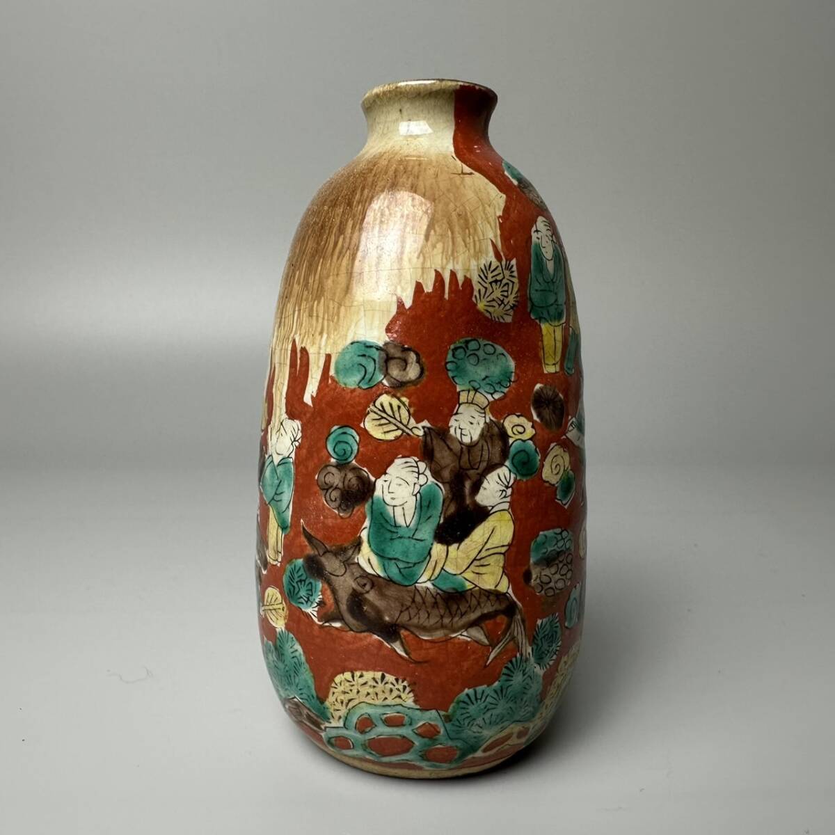コレクター買取品 古九谷 青木木米 色絵群老文 徳利 一対 酒器 在銘 共