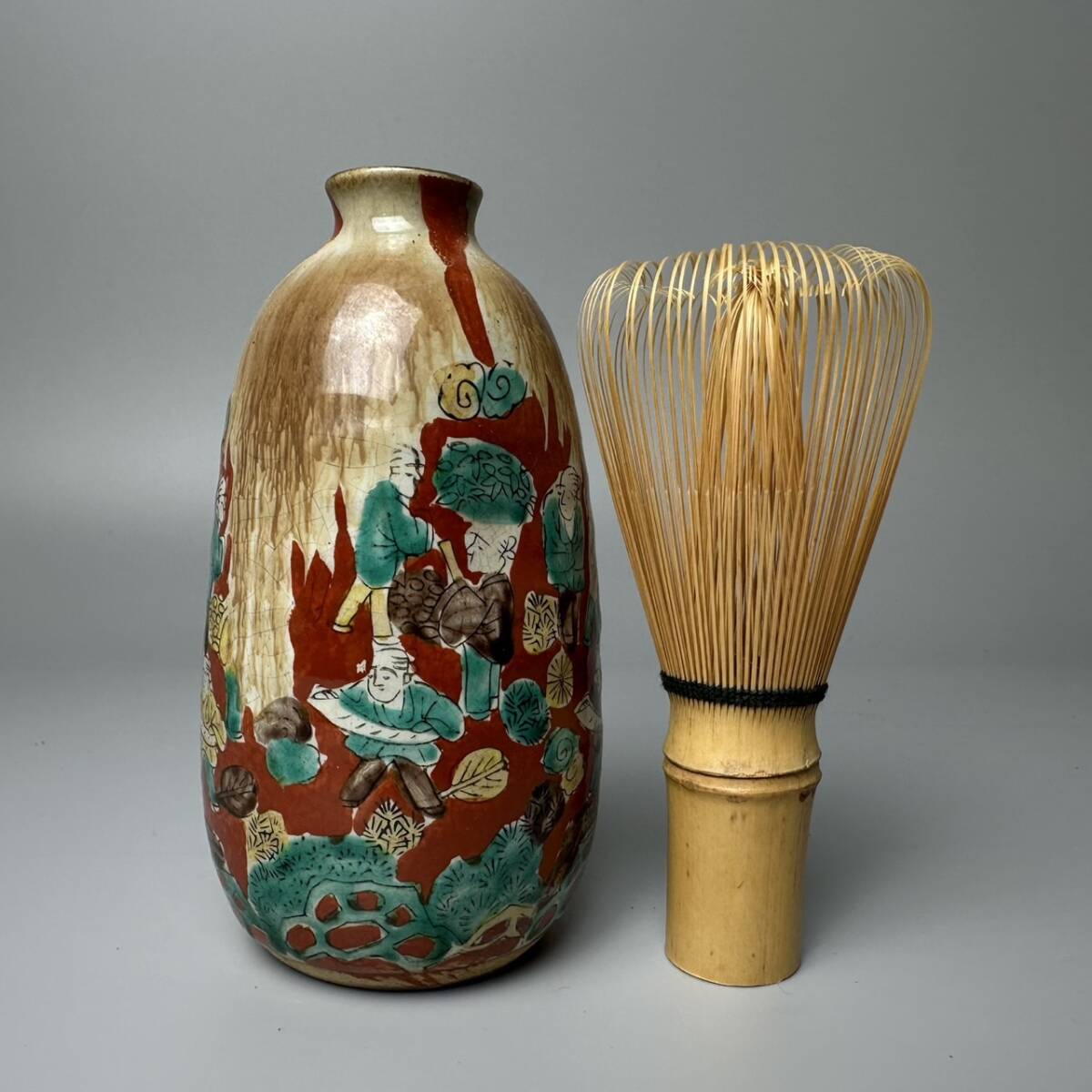 コレクター買取品 古九谷 青木木米 色絵群老文 徳利 一対 酒器 在銘 共