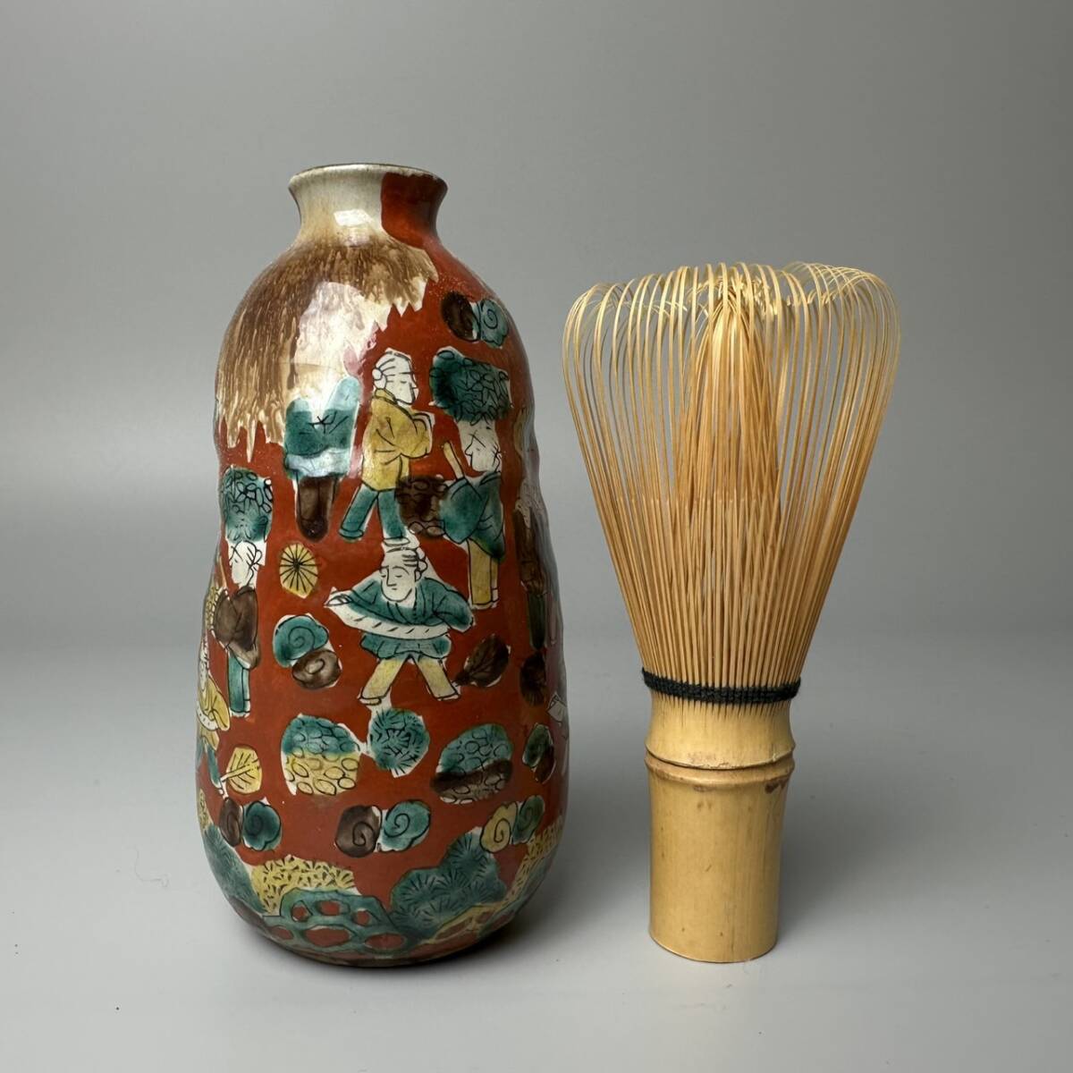 コレクター買取品 古九谷 青木木米 色絵群老文 徳利 一対 酒器 在銘 共