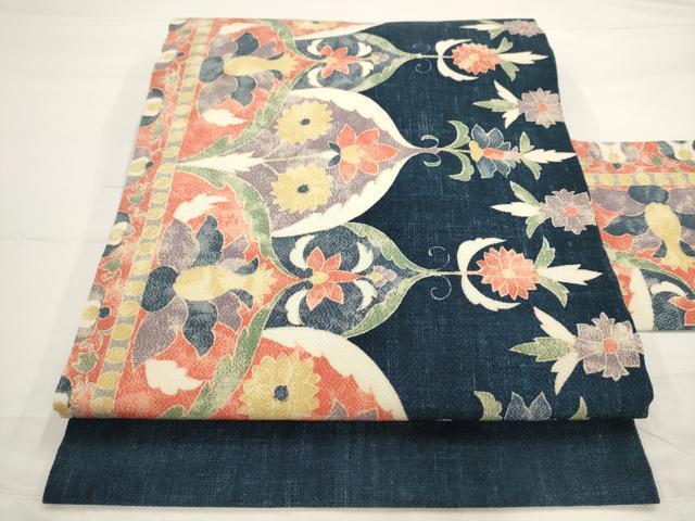 平和屋着物○九寸名古屋帯 鬼しぼ縮緬 正絹 逸品 草花文 手描き