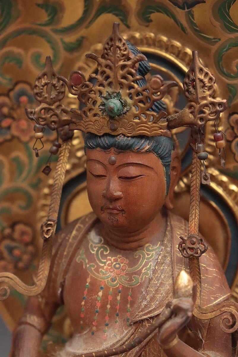 EX387 仏教美術【彫刻家 光朝 作】細密彫刻 木彫 彩色「普賢菩薩」全高