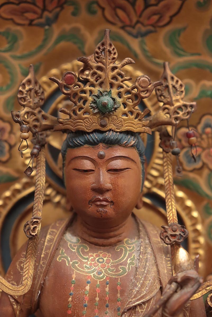 EX387 仏教美術【彫刻家 光朝 作】細密彫刻 木彫 彩色「普賢菩薩」全高