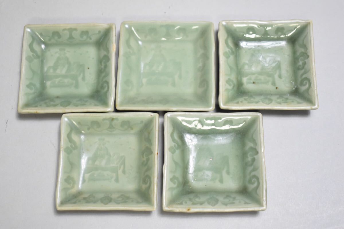 英】A1504 時代 三田青磁小皿4セット 日本美術 三田焼 小皿 小鉢 青瓷