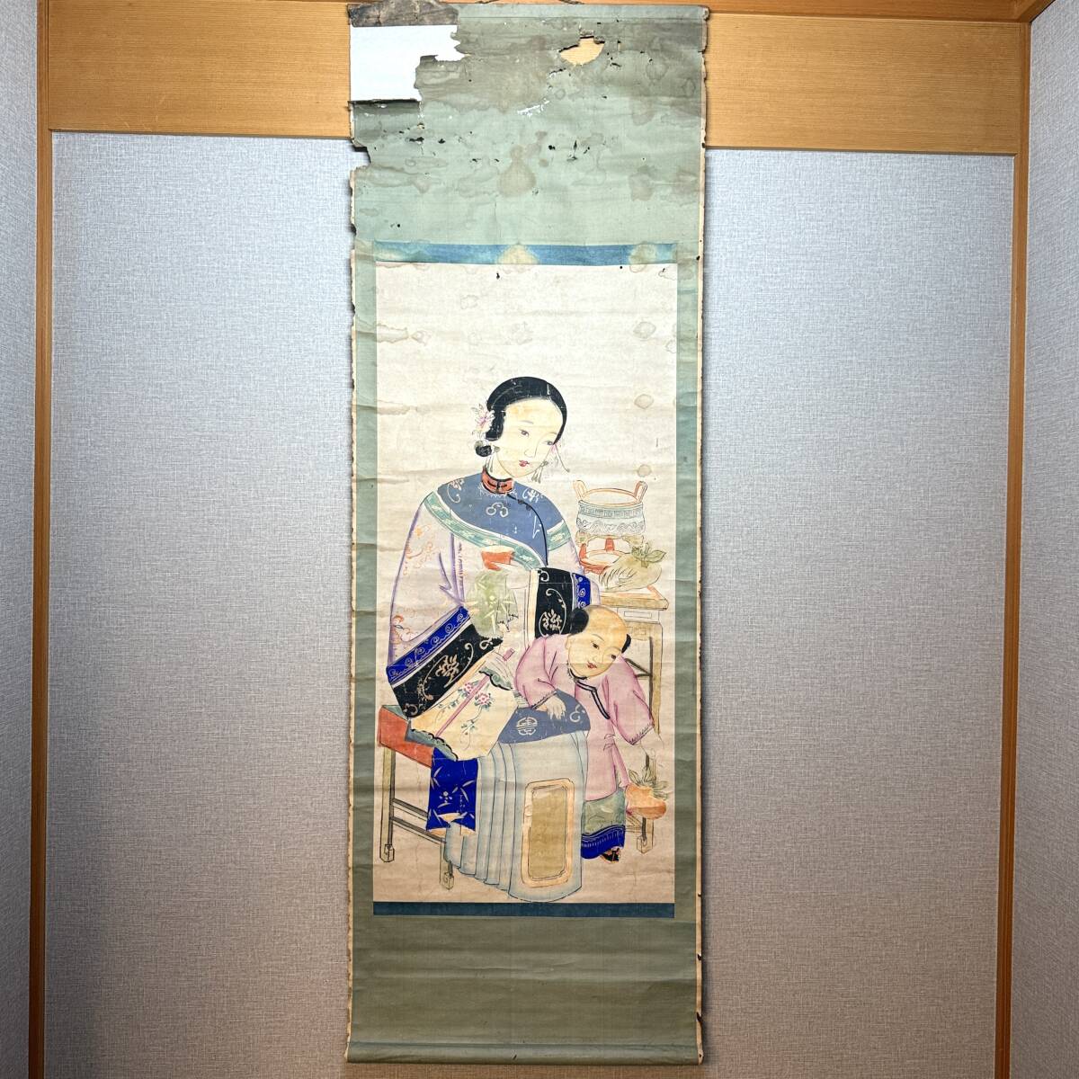 時代物 旧家整理品 清朝期 蘇州版画 紙本 唐美人、唐子図 掛け軸（木板