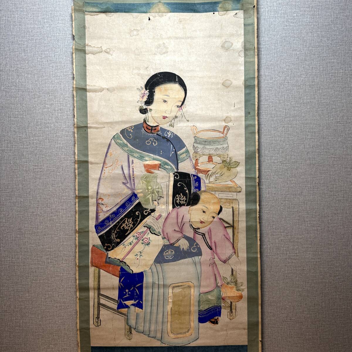 時代物 旧家整理品 清朝期 蘇州版画 紙本 唐美人、唐子図 掛け軸（木板