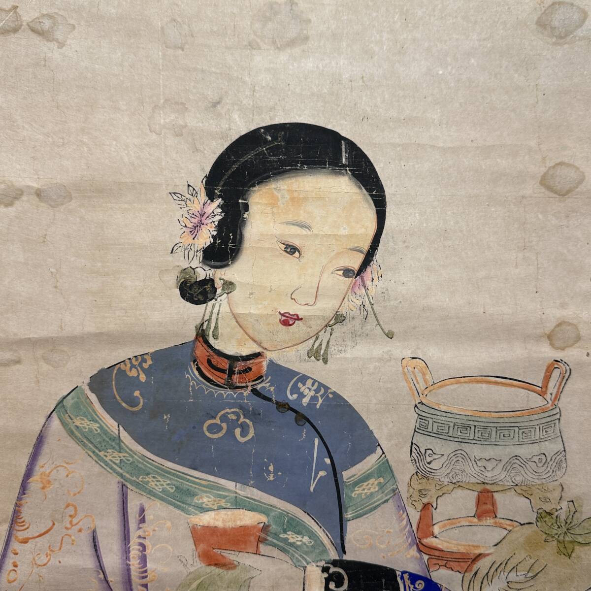 時代物 旧家整理品 清朝期 蘇州版画 紙本 唐美人、唐子図 掛け軸（木板