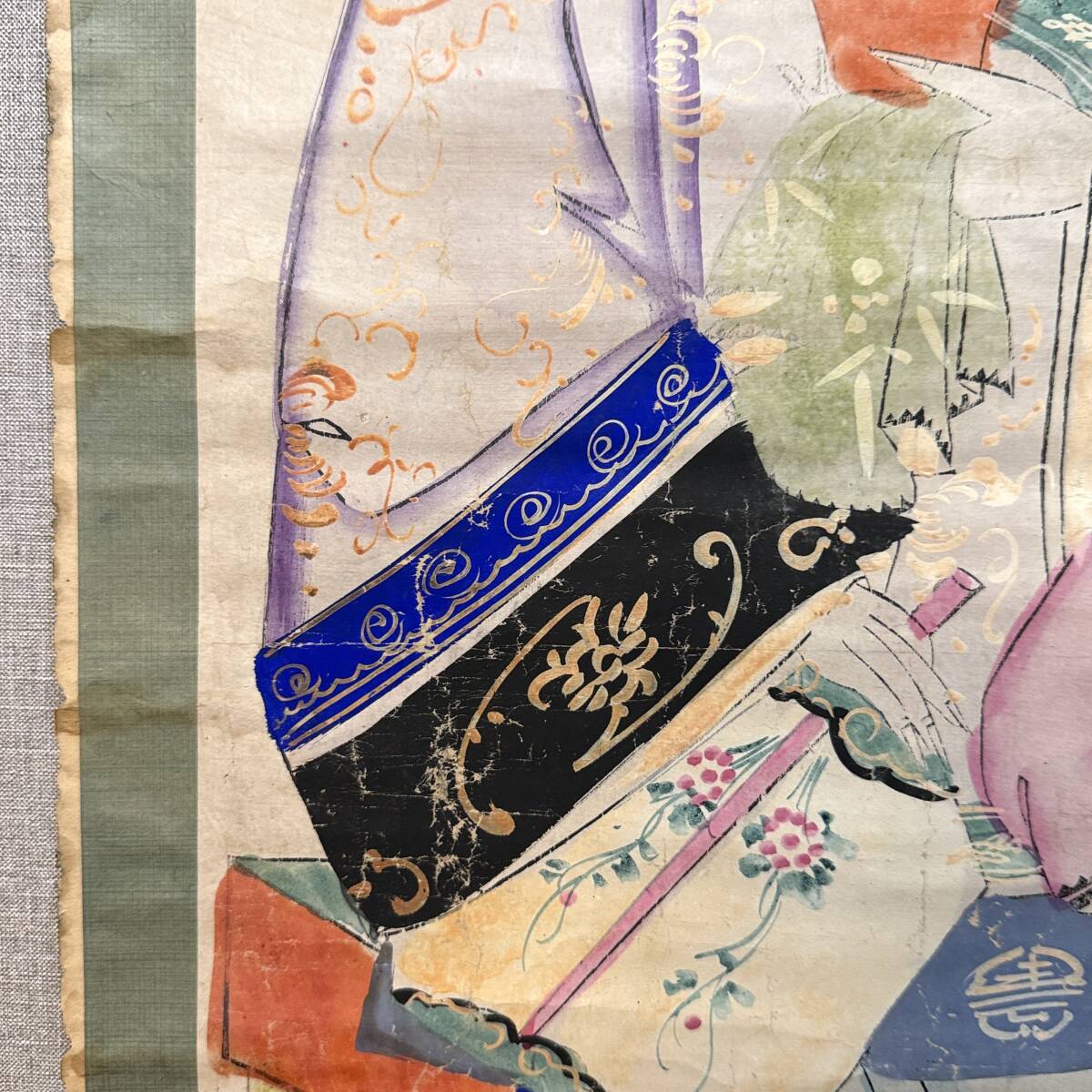 時代物 旧家整理品 清朝期 蘇州版画 紙本 唐美人、唐子図 掛け軸（木板