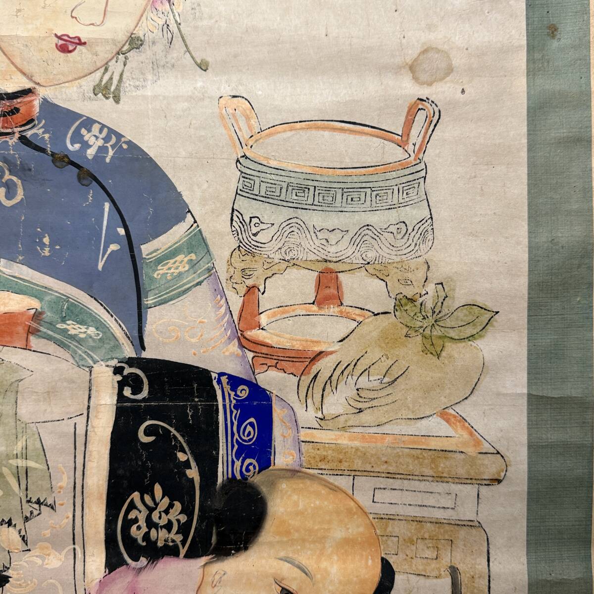 時代物 旧家整理品 清朝期 蘇州版画 紙本 唐美人、唐子図 掛け軸（木板