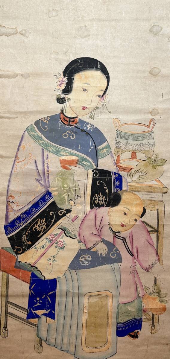 時代物 旧家整理品 清朝期 蘇州版画 紙本 唐美人、唐子図 掛け軸（木板