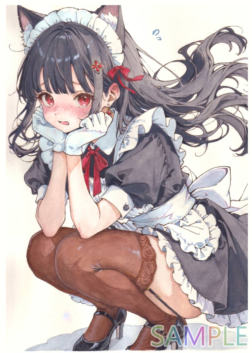 A4原画】メイド ネコミミヘアバンド 手描きイラスト 「メイドのすきま