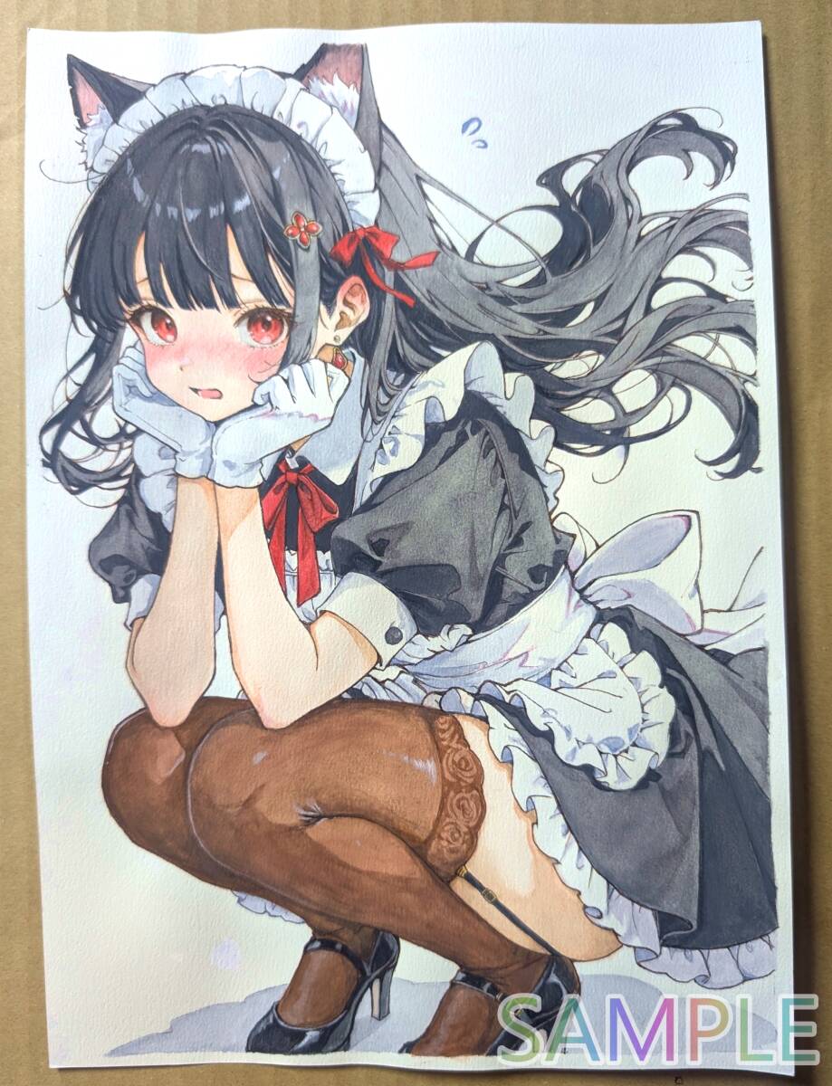A4原画】メイド ネコミミヘアバンド 手描きイラスト 「メイドのすきま