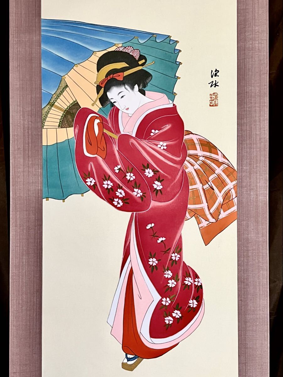 No3885額装　在銘　指水　美人画　燕柄着物　肉筆絹本　日本画　絵画 送料無料 真作】【S8】伊東深水「春雨」絹本 肉筆 合箱 金泥 美人画 傘美人 桜花