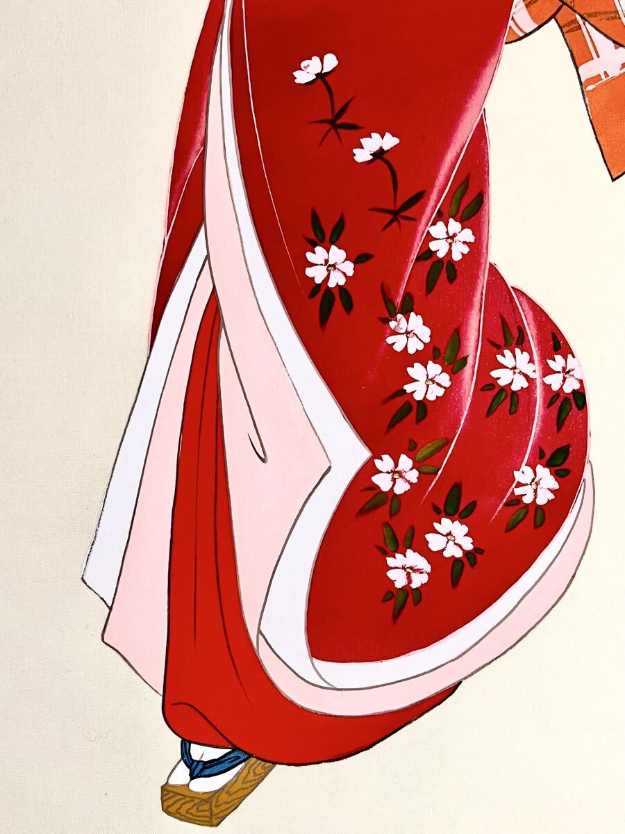 真作】【S8】伊東深水「春雨」絹本 肉筆 合箱 金泥 美人画 傘美人 桜花