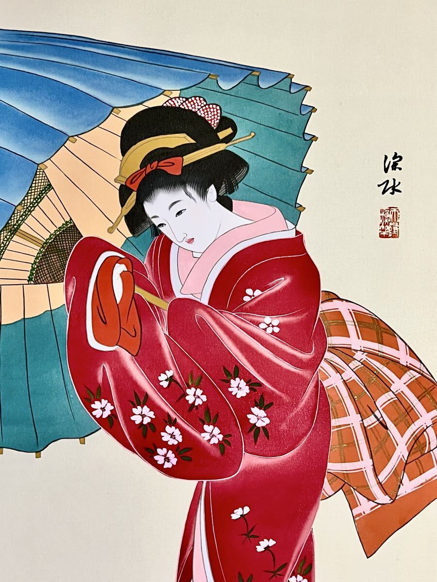 真作】【S8】伊東深水「春雨」絹本 肉筆 合箱 金泥 美人画 傘美人 桜花