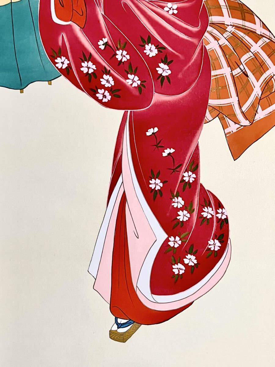 真作】【S8】伊東深水「春雨」絹本 肉筆 合箱 金泥 美人画 傘美人 桜花