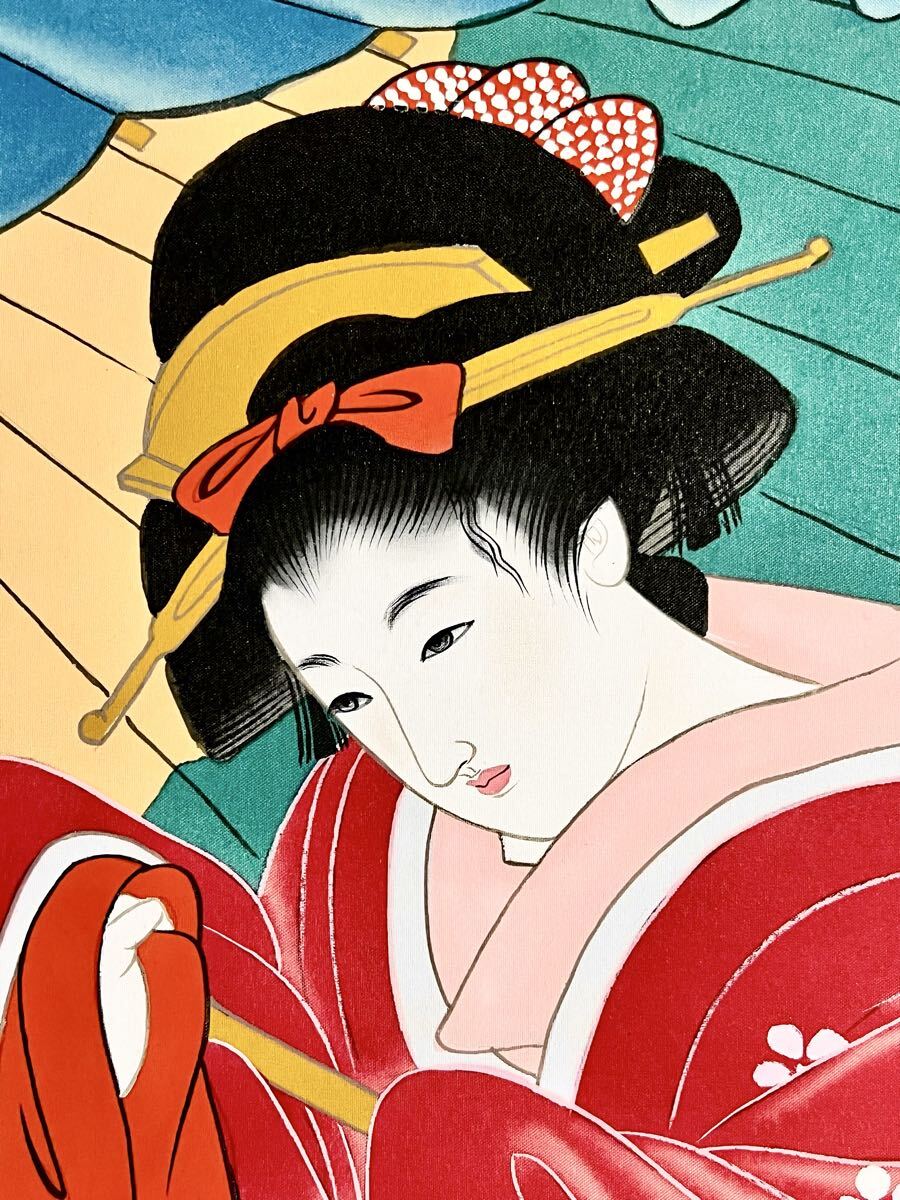 真作】【S8】伊東深水「春雨」絹本 肉筆 合箱 金泥 美人画 傘美人 桜花