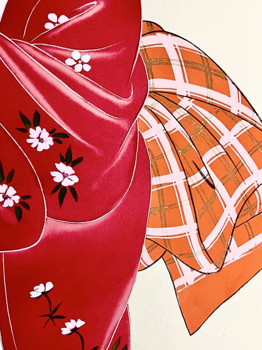 真作】【S8】伊東深水「春雨」絹本 肉筆 合箱 金泥 美人画 傘美人 桜花