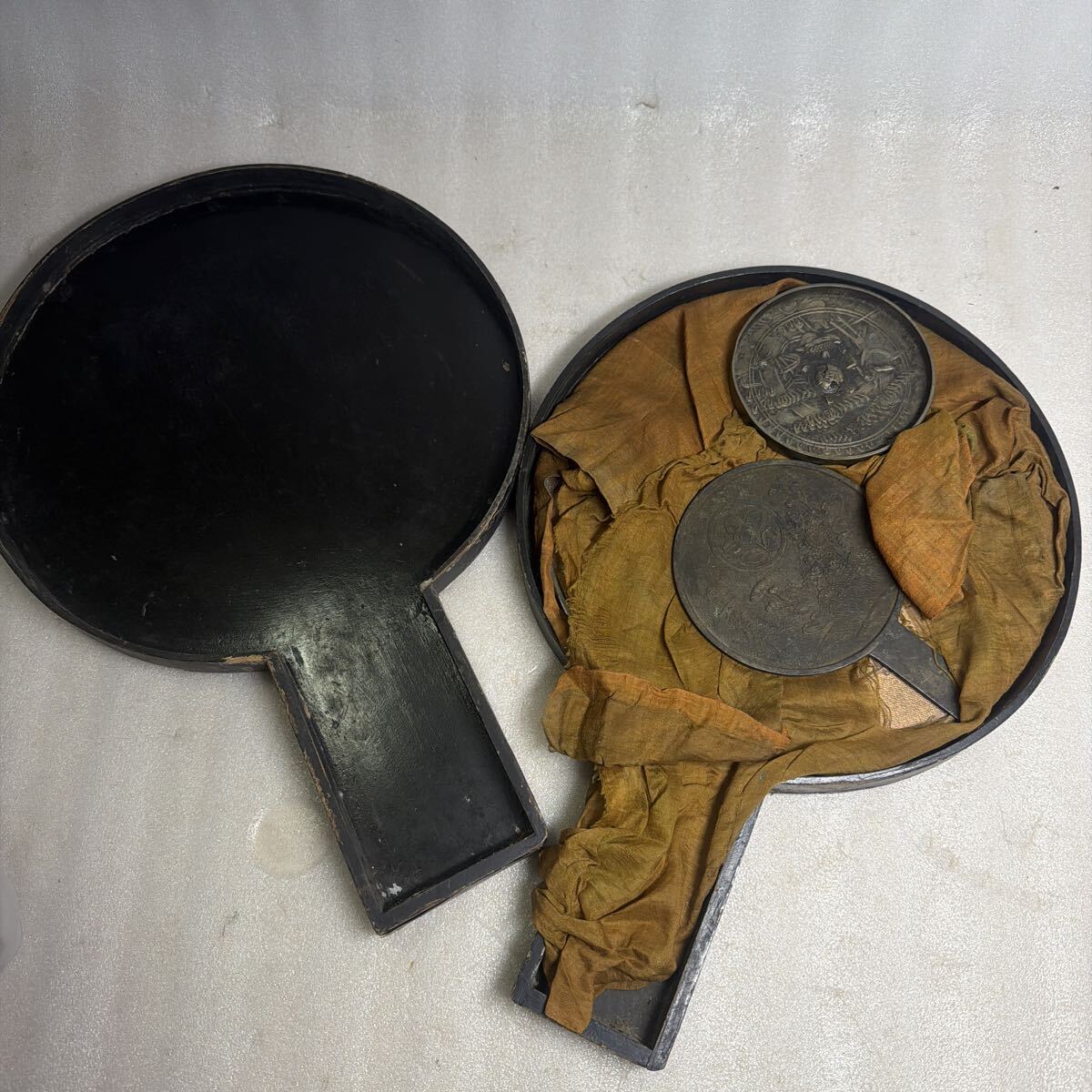 鶴亀に松文様 柄鏡 藤原金吉 アンティーク 古鏡 和鏡 天下一