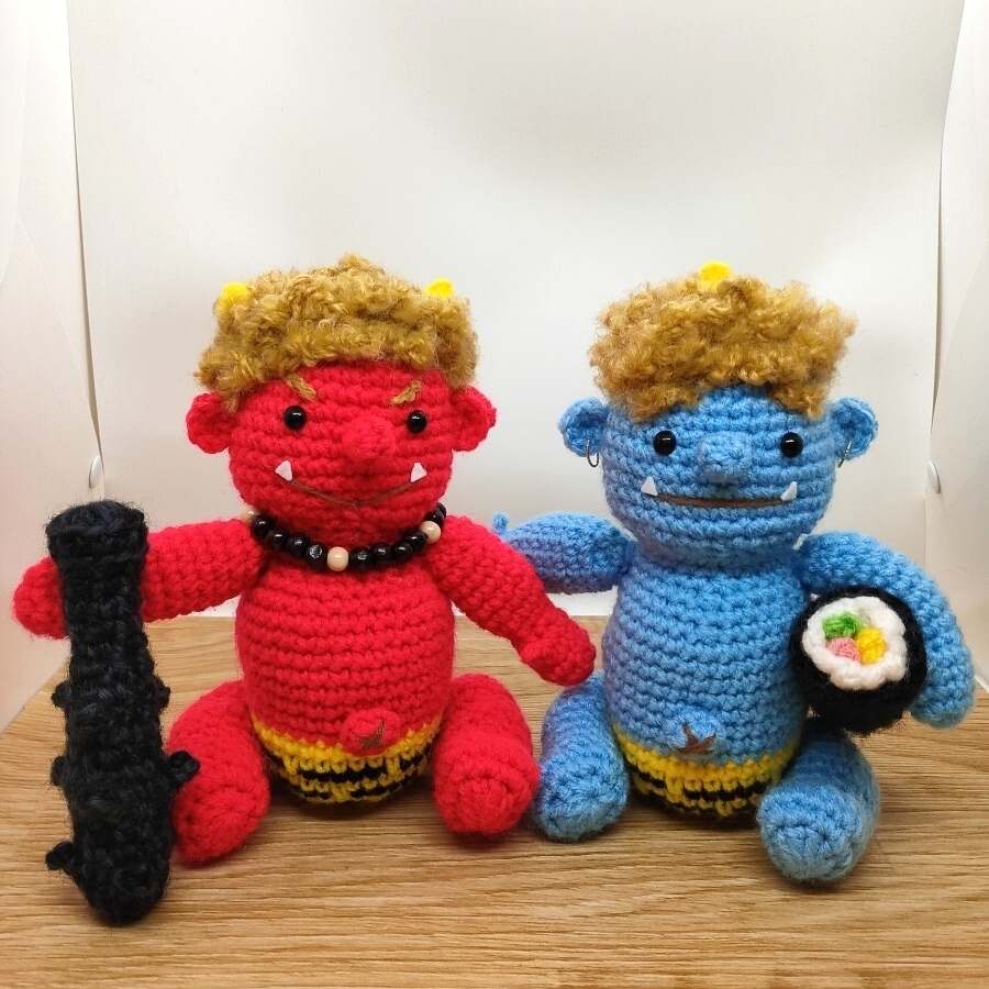 あみぐるみ ハンドメイド 節分 赤鬼 青鬼 2個セット 手編み 飾り