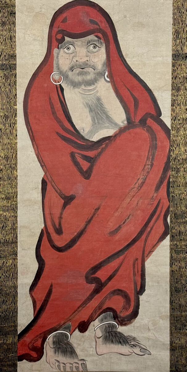 真作 日本美術 江戸前期 達磨図 紙本 肉筆 掛軸 在銘 落款有 達磨絵 禅
