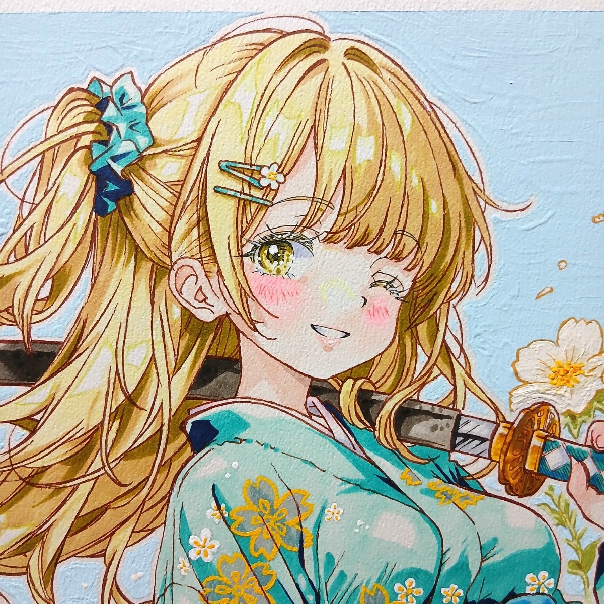 大色紙 手描きイラスト [剣姫、咲き乱れ] 原画 美少女 オリジナル 一点