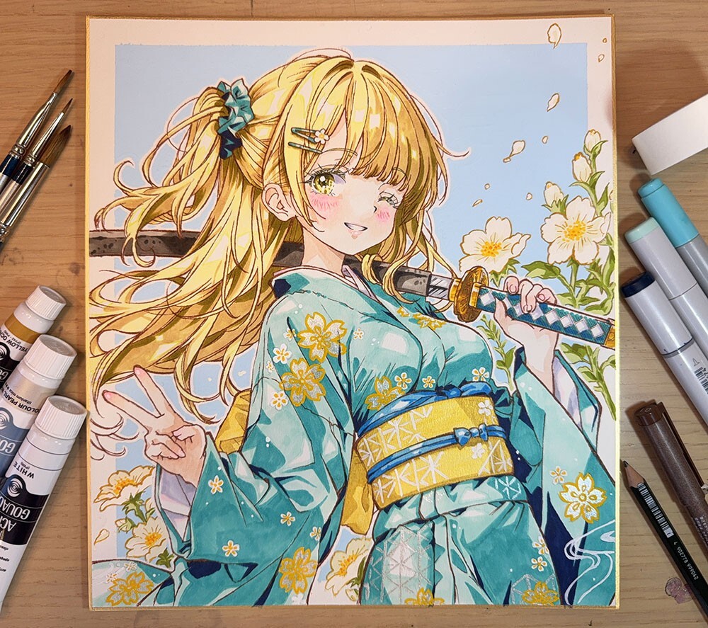 大色紙 手描きイラスト [剣姫、咲き乱れ] 原画 美少女 オリジナル 一点