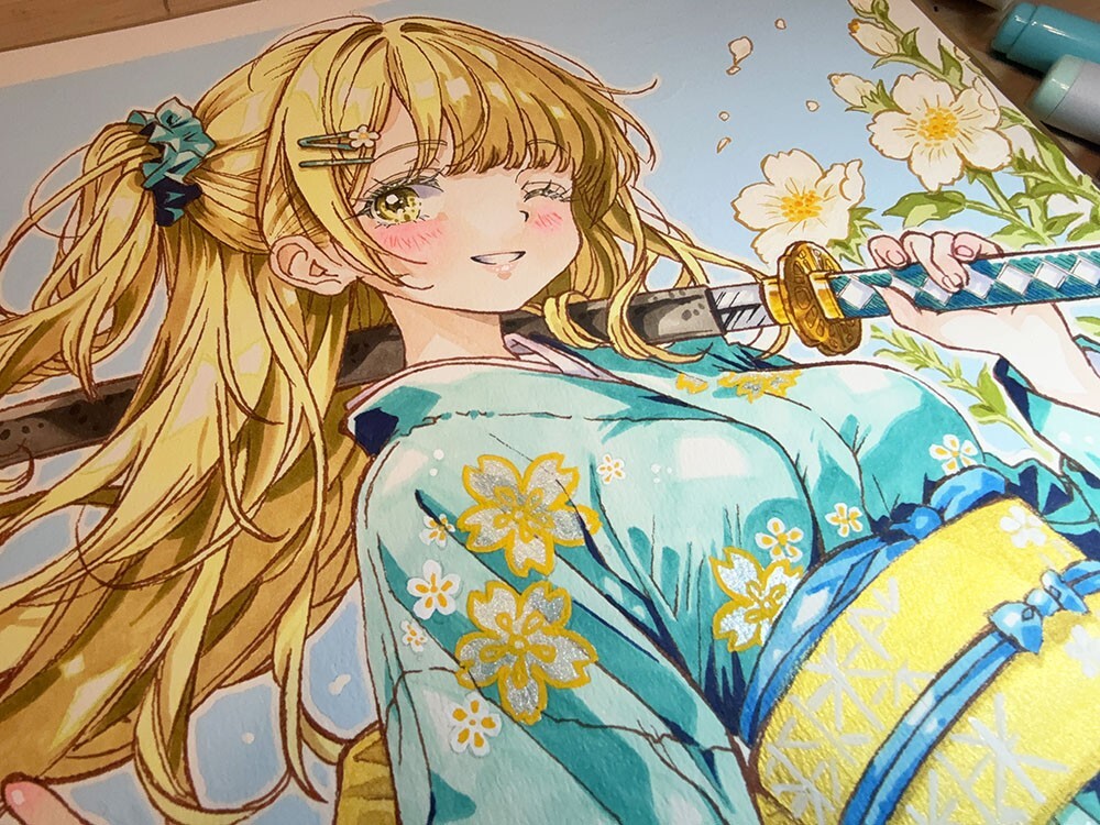 大色紙 手描きイラスト [剣姫、咲き乱れ] 原画 美少女 オリジナル 一点