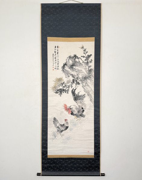 真作】掛軸「胡鉄梅 菊花双鶏図」中国清代末 画家 南画壇 花卉雑画