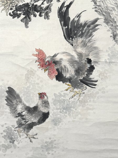 真作】掛軸「胡鉄梅 菊花双鶏図」中国清代末 画家 南画壇 花卉雑画
