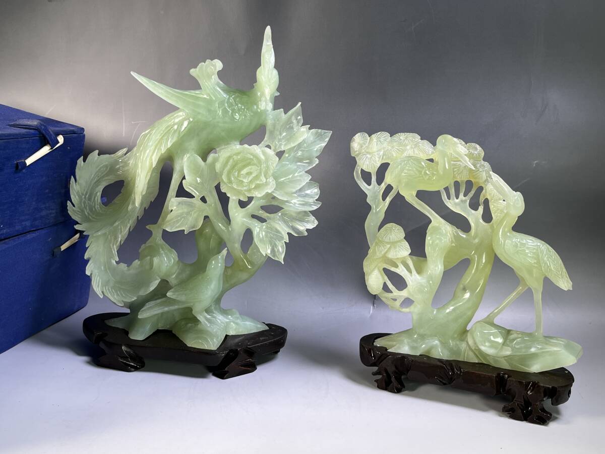 中国製 玉石 緑石 彫刻 花鳥彫 鳳凰／鶴／置物 天然石 鑑賞石 飾物