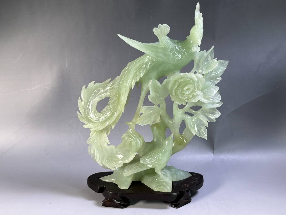 中国製 玉石 緑石 彫刻 花鳥彫 鳳凰／鶴／置物 天然石 鑑賞石 飾物