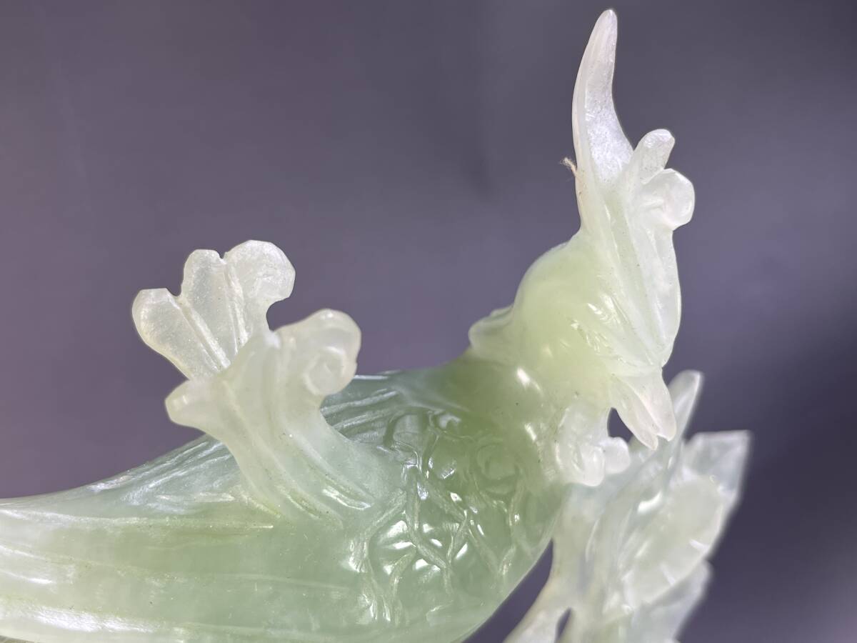 中国製 玉石 緑石 彫刻 花鳥彫 鳳凰／鶴／置物 天然石 鑑賞石 飾物