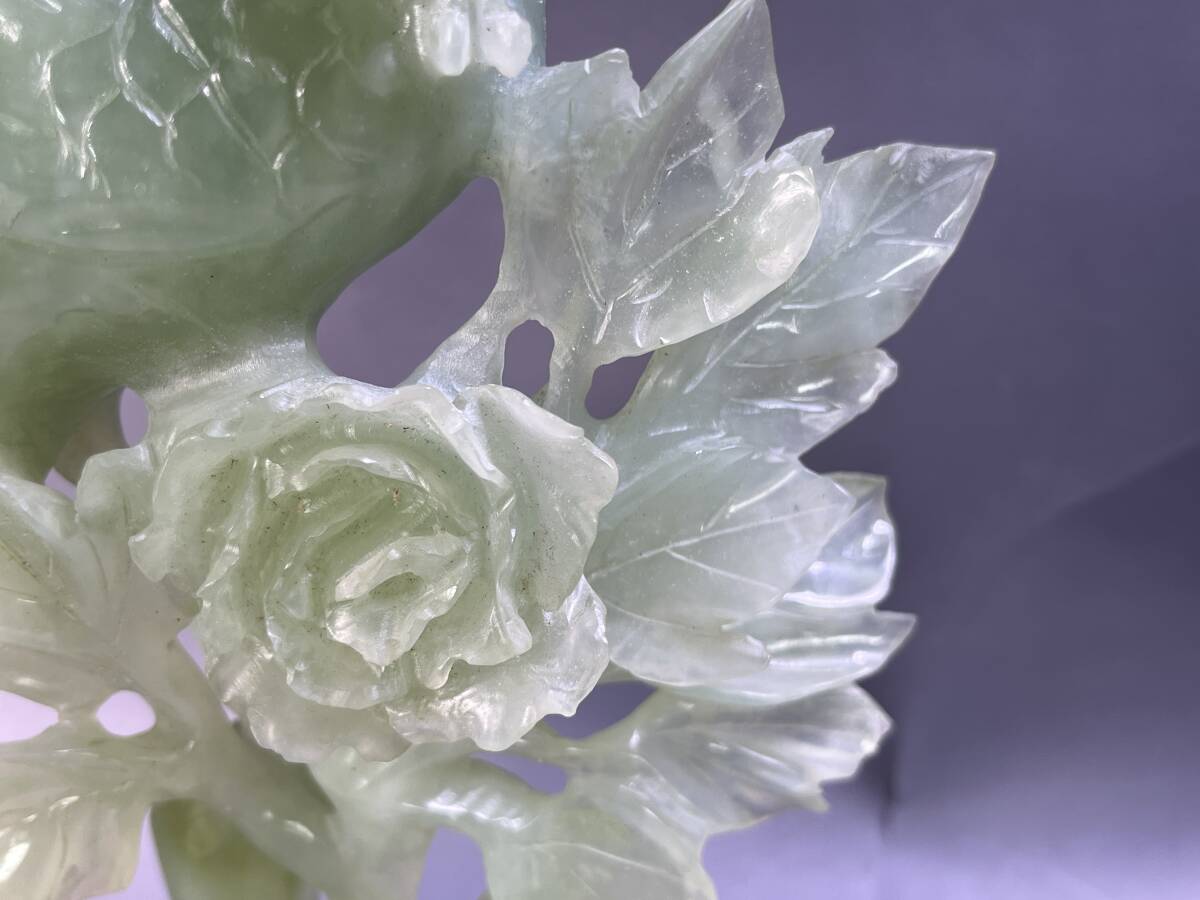 中国製 玉石 緑石 彫刻 花鳥彫 鳳凰／鶴／置物 天然石 鑑賞石 飾物