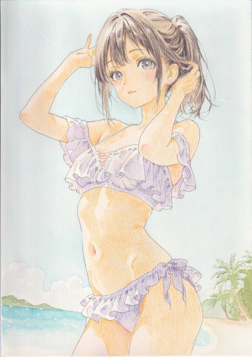 ビキニ女性キャラクター手描きアート 一点物】 オリジナル ポニーテール ビキニ 水着 美女 美少女 手描き