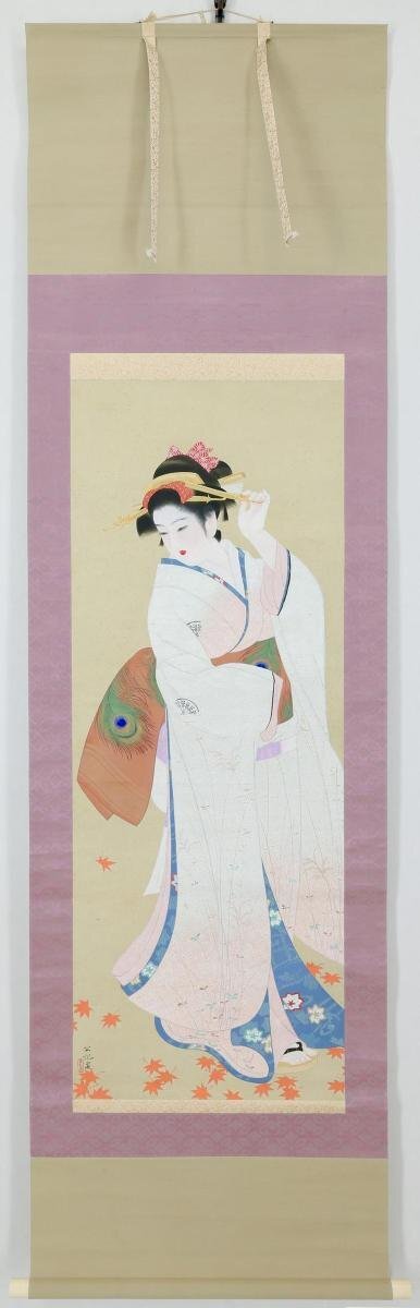 真作】【WISH】佐藤公紀「美人画」日本画 掛軸 絹本 金泥仕様