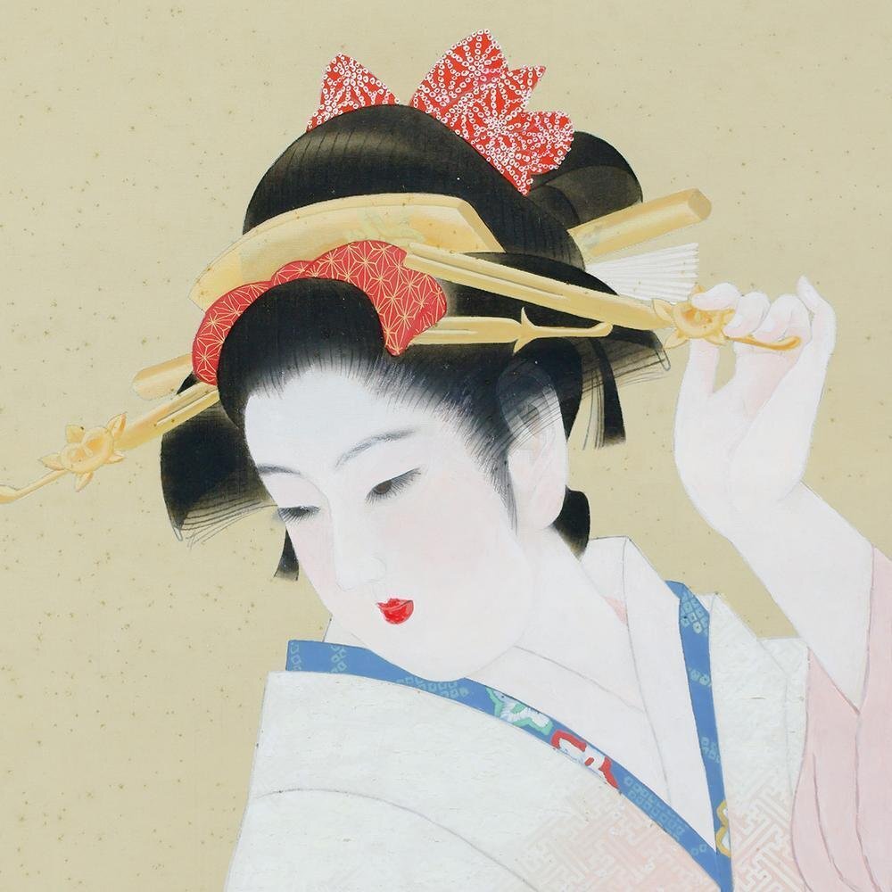 真作】【WISH】佐藤公紀「美人画」日本画 掛軸 絹本 金泥仕様
