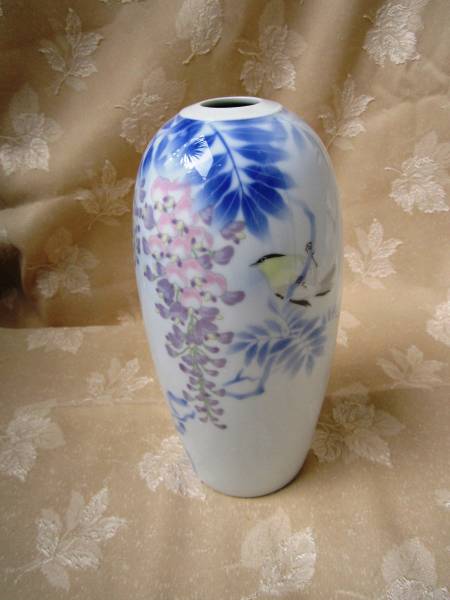 深川製磁 官窯染付 花瓶 （藤の花に小鳥）☆アンティーク品?美品 