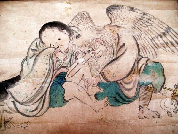 ○幕末・時代物○◎春画 お多福と天狗 魔羅 和合 妖怪 軸(人物、菩薩