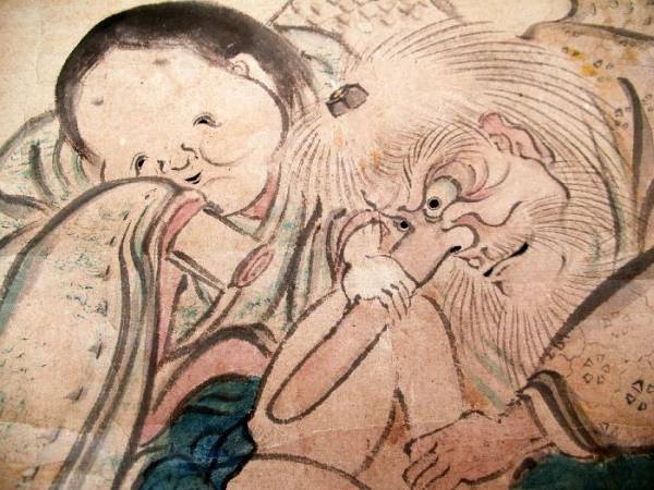○幕末・時代物○◎春画 お多福と天狗 魔羅 和合 妖怪 軸(人物、菩薩