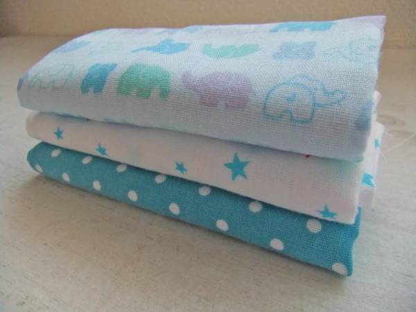 Ｗガーゼ*生地はぎれセット　ぞう/ランダムスター/ドット(水色)_3