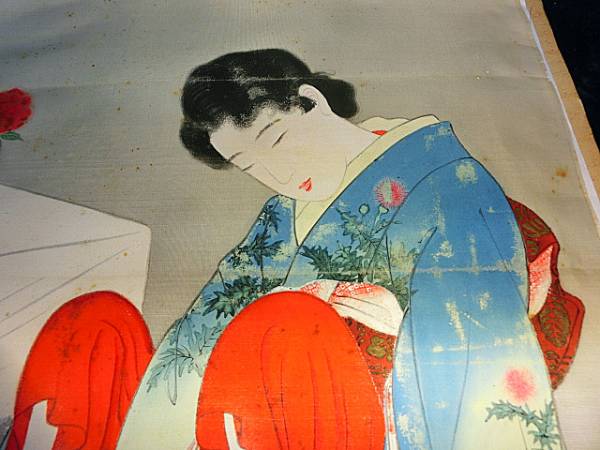 昭和初期 春画 裸婦 肉筆画 絹本 額装 春画本を読む和服姿の婦人(美人