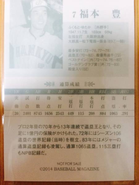 プロ野球80周年カード打者編 大阪イベント 福本豊 直筆サイン①(2013年