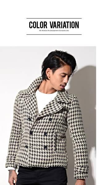 即完売 キャバリア 千鳥柄 ピーコート （Ｌ）シルバーバレット