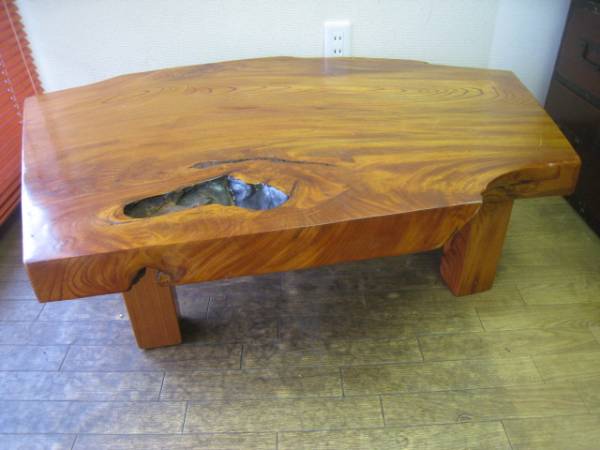 ▲15 欅一枚板テーブル　扇形 横約112ｃｍ 古民具 / 切り株