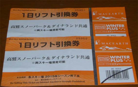 高鷲スノーパーク・ダイナランド共通1日リフト券2枚・送料込 高鷲スノーパーク・ダイナランド共通1日リフト券2枚・送料込