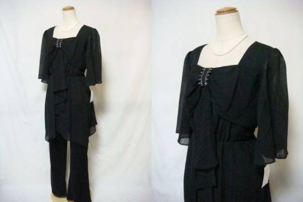 新品♪ラインストーン付きシフォンチュニックパンツセット黒19号