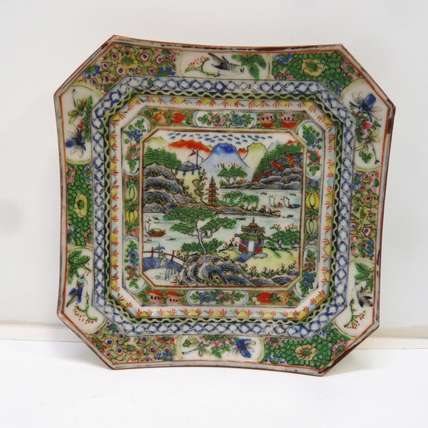 *年代物 手書き 山水庭園風景 素晴らしい絵皿 角皿 15×15cm